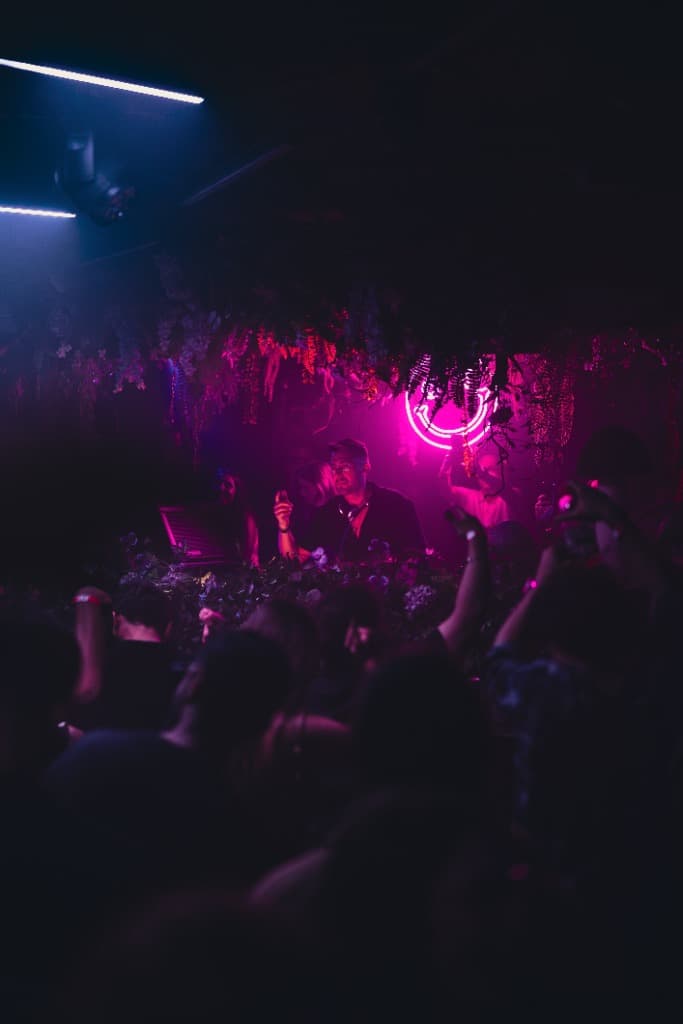 DJ performing on stage with arms raised